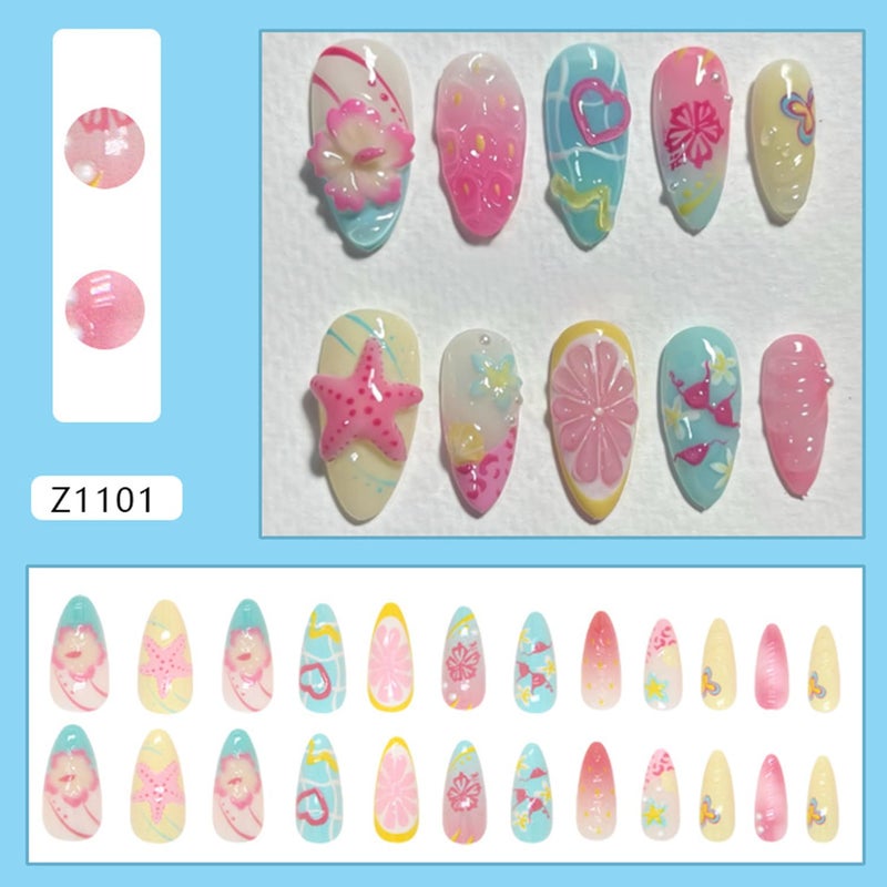 CJDLTS Colorful Flower Medium Almond Shaped Artificial Acrylic Nail 3D Gradient Floral with Love Heart Pearl Design Stick on Nails Full Cover Reusable Coffin Press on Nails Artificial Fingernails for Women - Image 3